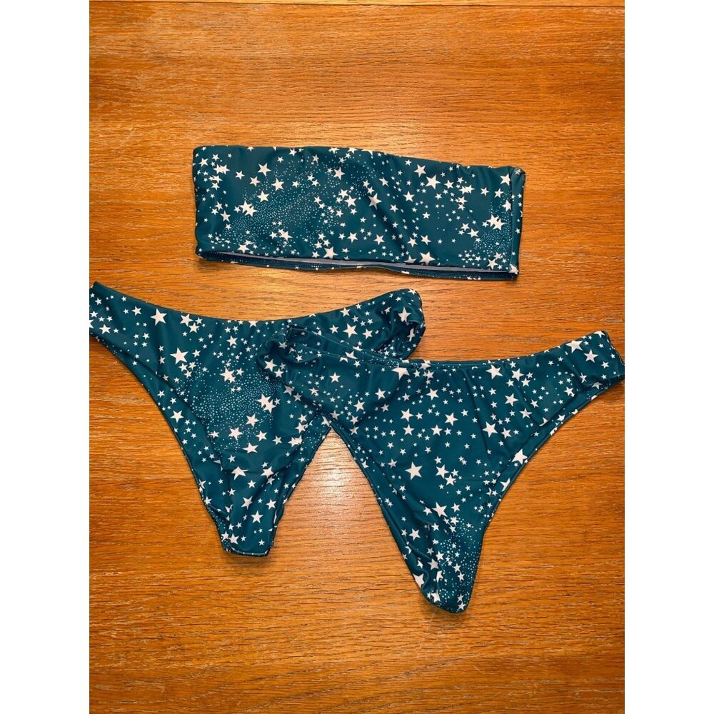 Starry Night Pattern Teal Bikini Set Bandeau Top With High-Waisted Bottoms Women